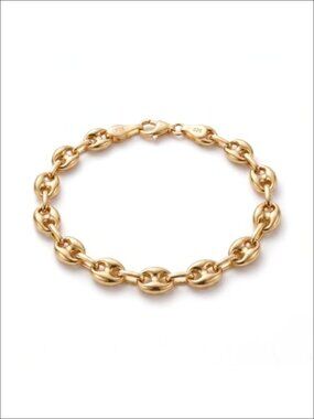 24K Gold Plated 925 Sterling Silver Puffed Mariner Chain Bracelet 8in Solid